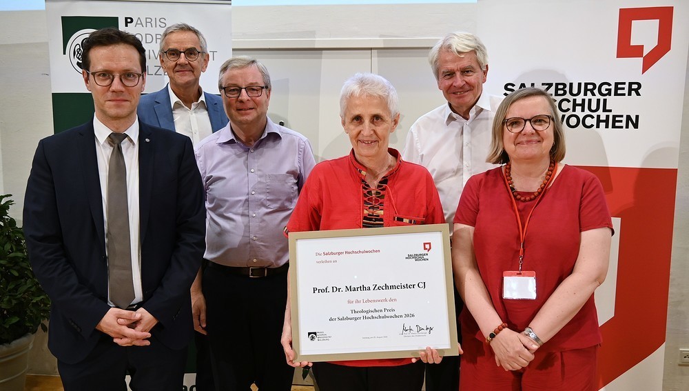 Verleihung am 5. August 2026 im Rahmen der 'Salzburger Hochschulwochen' - v.l.: Martin Dürnberger (Obmann), Alois Halbmayr, Franz Gmainer-Pranzl, Martha Zechmeister, Heinrich Schmidinger, Ulrike Tanzer