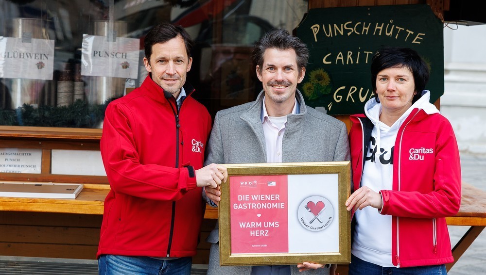 Caritas-Direktor Klaus Schwertner, Gastro-Obmann Thomas Peschta und Gruft Leiterin Elisabeth Pichler (v.l.)