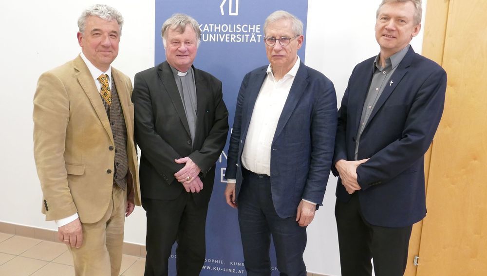 Akademie am 23. April 2026 - v.l.: Rektor Michael Fuchs, Bischof Manfred Scheuer, Prof. Detlef Pollack, Regens Slawomir Dadas