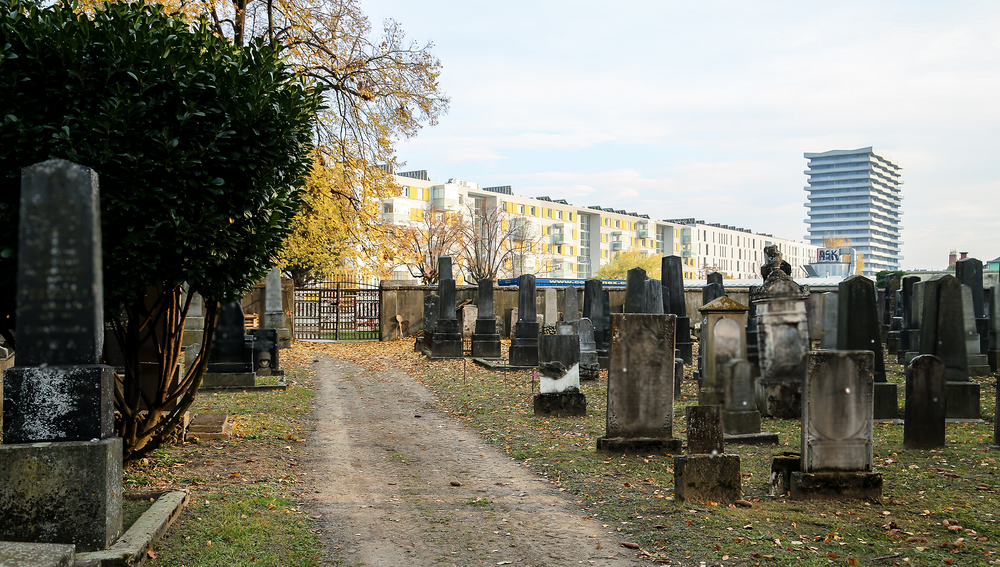 Jüdischer Friedhof von innen während der Generalsanierung 2021/2022, mit Blick zum großen schmiedeeisernen Eingangstor nahe dem Eingang Lastenstraße und nahe der Westbahnstrecke, umgeben vom katholischen St. Barbara-Friedhof, Linz/Oberösterreich, 31.