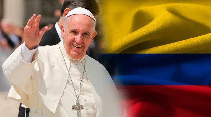 Papst Franziskus vor kolumbianischer Fahne (Fotomontage)
