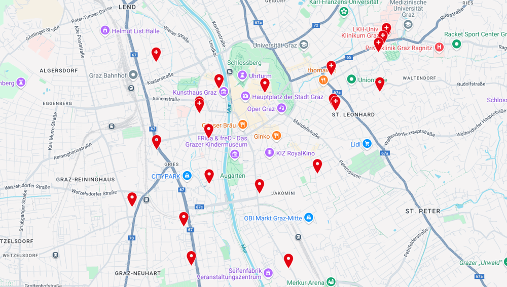 Kirchenstandorte mit Gottesdienste in Graz
