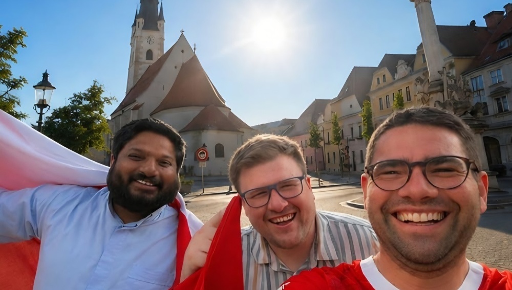 Pfarrer P. Clemens Hainzl (r.), Pastoralassistent Christian Zeitlberger (m.) und Kaplan P. Shyne Kurian (l.) vor der Horner Georgskirche