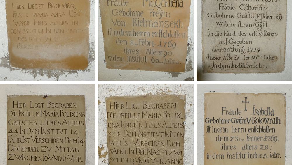 Sechs der 26 Kehlheimerplatten mit eingravierter Inschrift, die Namen, Alter, Sterbedatum zeigen. 